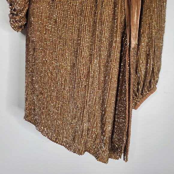Retrofete Giselle Tie Waist Mini Dress Taupe Bronze Beaded Sequins Heavy XXL - Picture 7 of 11